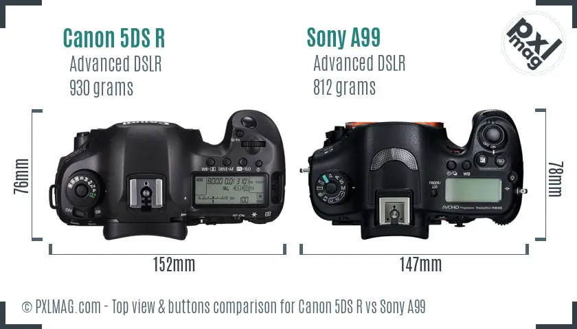 Canon 5DS R vs Sony A99 top view buttons comparison