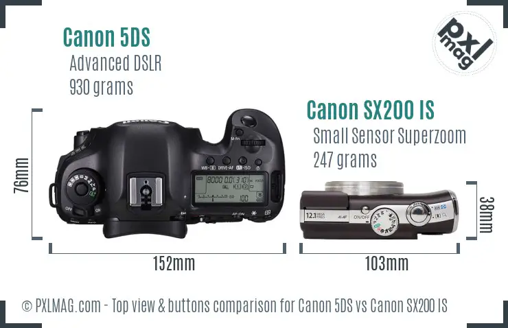 Canon 5DS vs Canon SX200 IS top view buttons comparison