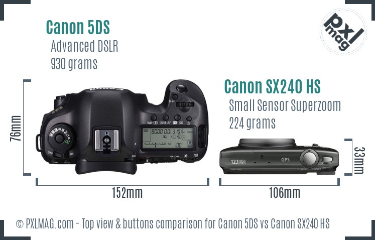 Canon 5DS vs Canon SX240 HS top view buttons comparison