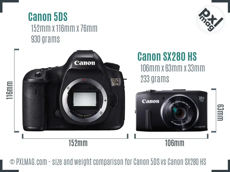 Canon 5DS vs Canon SX280 HS size comparison