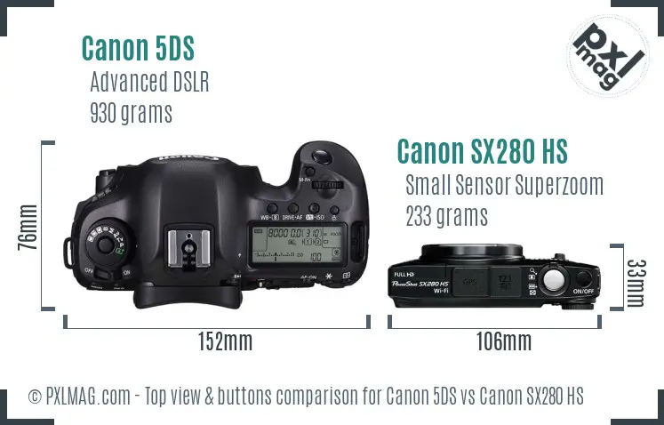Canon 5DS vs Canon SX280 HS top view buttons comparison