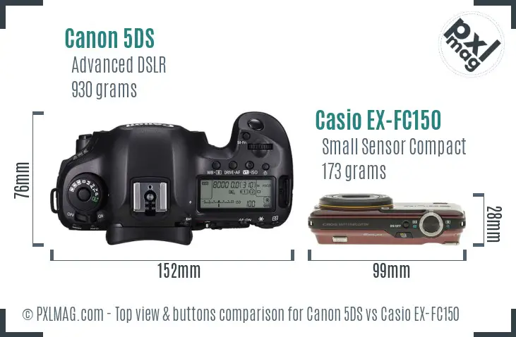 Canon 5DS vs Casio EX-FC150 top view buttons comparison Canon 5DS vs Casio EX-FC150 top view buttons comparison