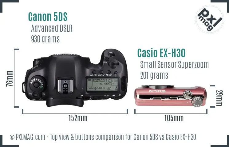 Canon 5DS vs Casio EX-H30 top view buttons comparison