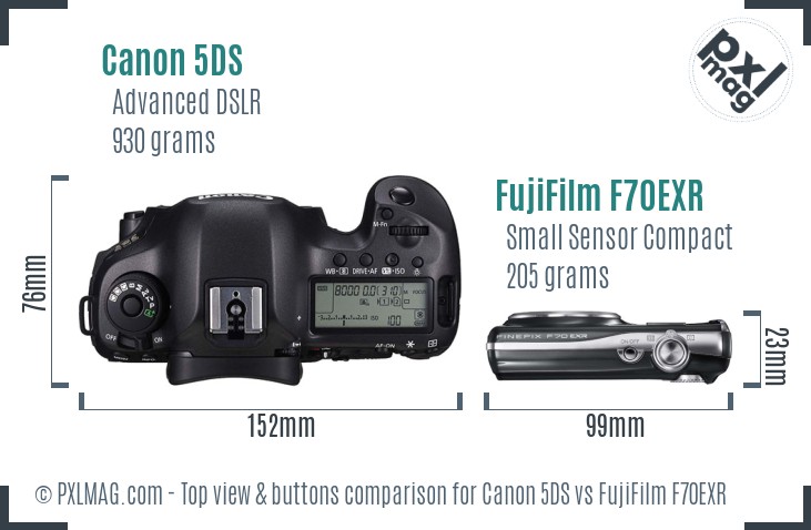 Canon 5DS vs FujiFilm F70EXR top view buttons comparison