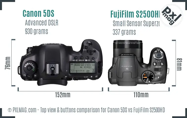 Canon 5DS vs FujiFilm S2500HD top view buttons comparison