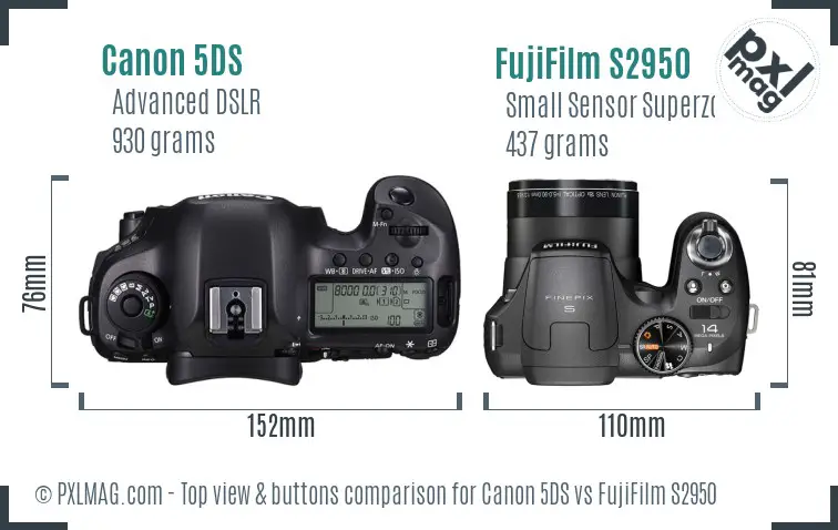 Canon 5DS vs FujiFilm S2950 top view buttons comparison