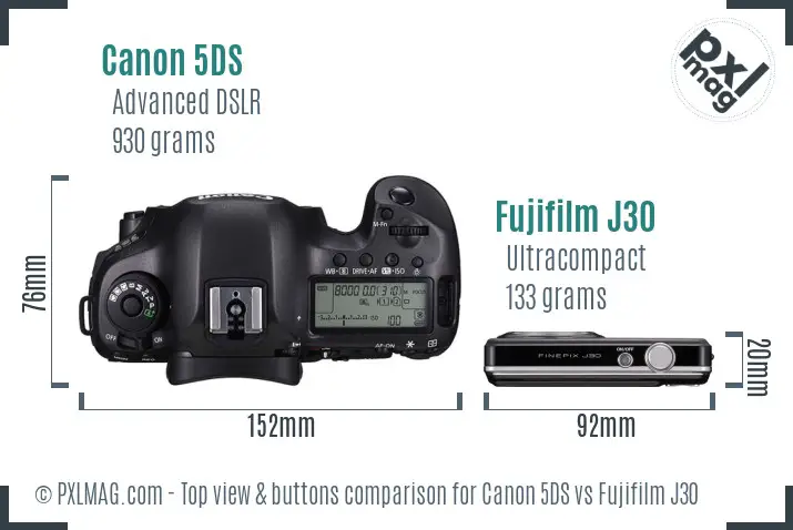 Canon 5DS vs Fujifilm J30 top view buttons comparison