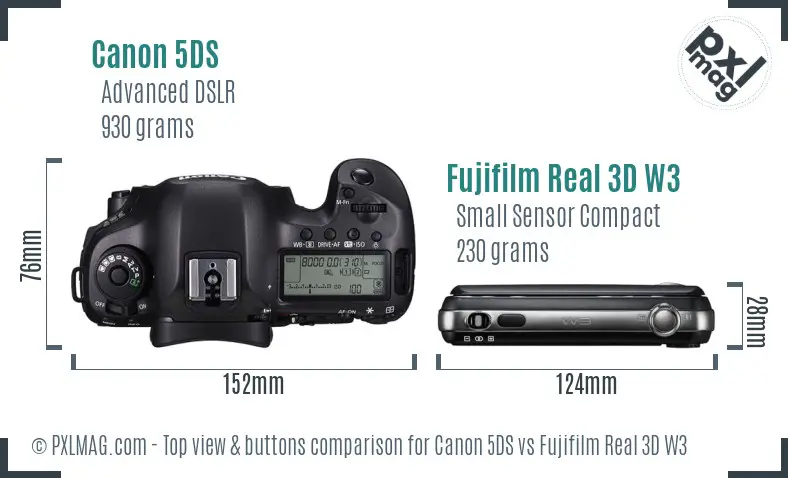 Canon 5DS vs Fujifilm Real 3D W3 top view buttons comparison