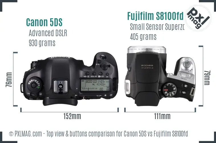 Canon 5DS vs Fujifilm S8100fd top view buttons comparison