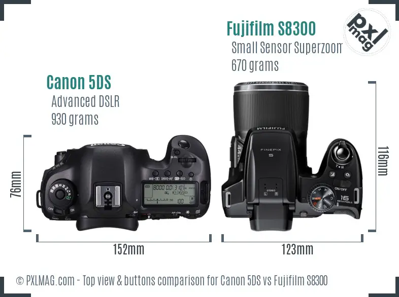 Canon 5DS vs Fujifilm S8300 top view buttons comparison Canon 5DS vs Fujifilm S8300 top view buttons comparison