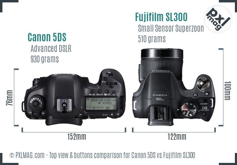Canon 5DS vs Fujifilm SL300 top view buttons comparison