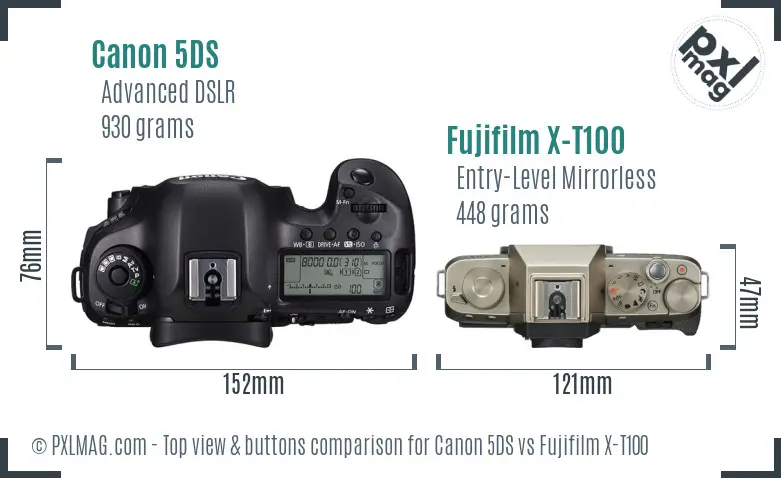 Canon 5DS vs Fujifilm X-T100 top view buttons comparison