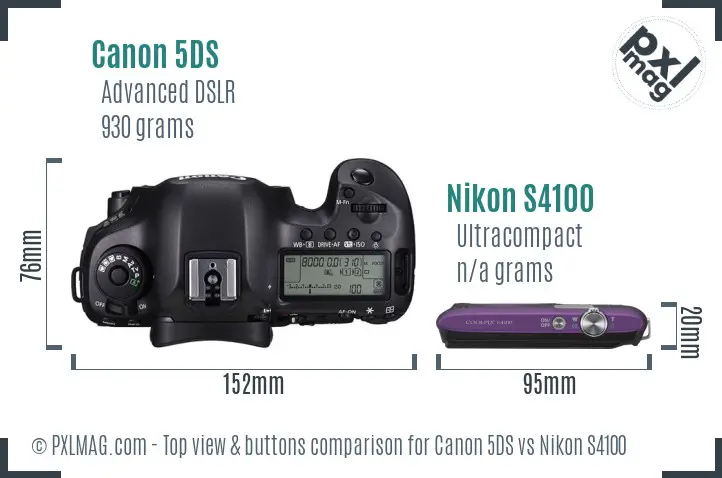 Canon 5DS vs Nikon S4100 top view buttons comparison