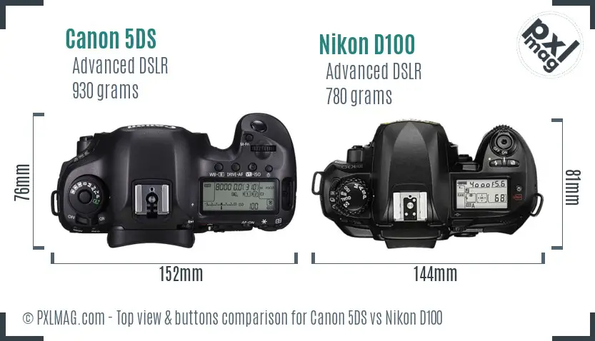 Canon 5DS vs Nikon D100 top view buttons comparison