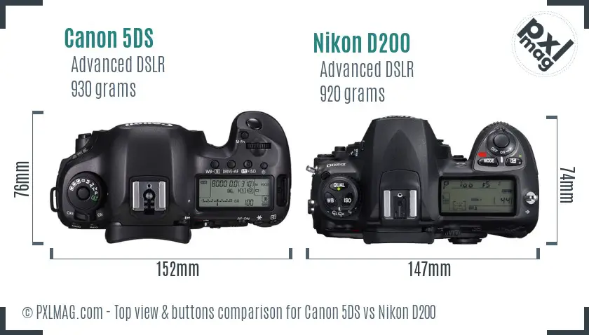 Canon 5DS vs Nikon D200 top view buttons comparison