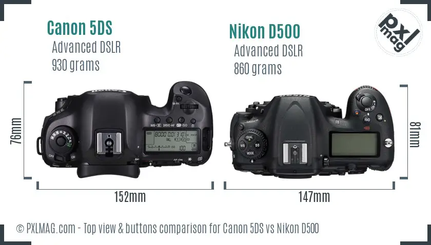 Canon 5DS vs Nikon D500 top view buttons comparison