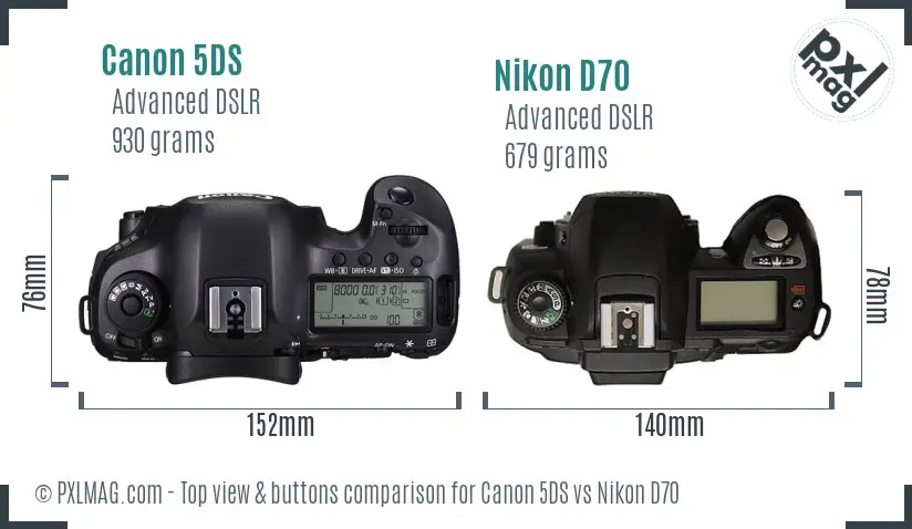 Canon 5DS vs Nikon D70 top view buttons comparison