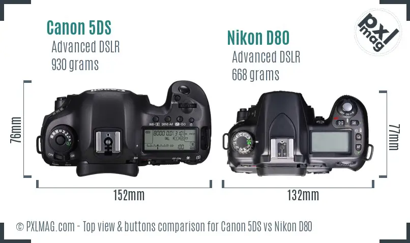Canon 5DS vs Nikon D80 top view buttons comparison