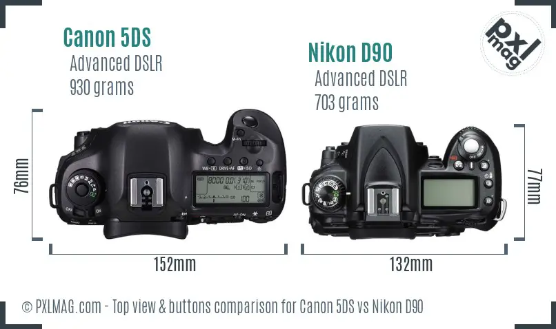 Canon 5DS vs Nikon D90 top view buttons comparison