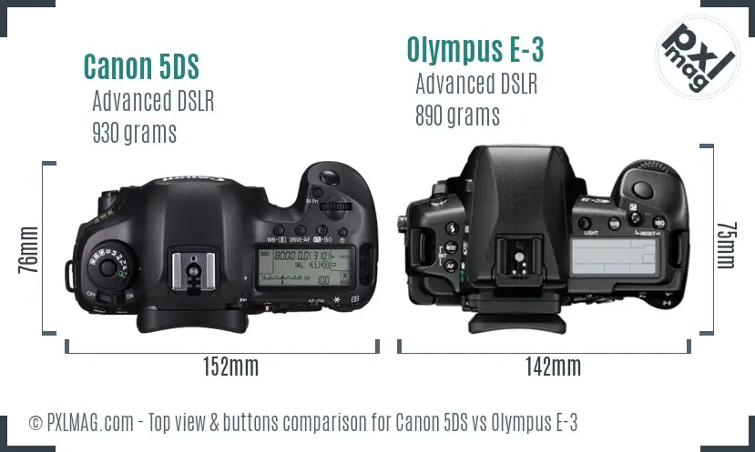 Canon 5DS vs Olympus E-3 top view buttons comparison