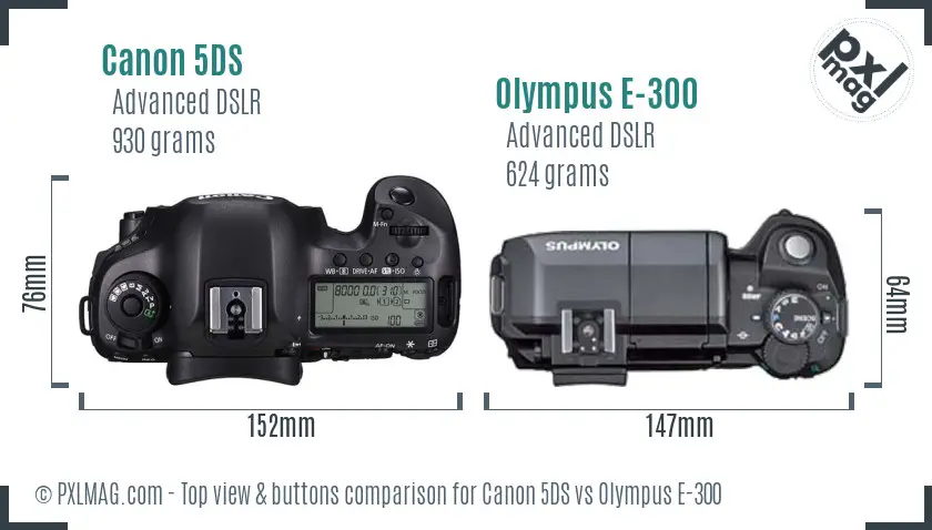 Canon 5DS vs Olympus E-300 top view buttons comparison Canon 5DS vs Olympus E-300 top view buttons comparison