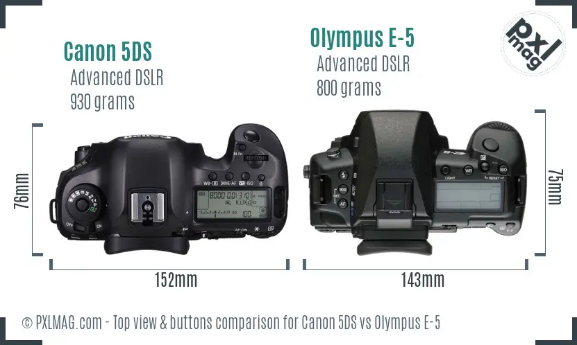 Canon 5DS vs Olympus E-5 top view buttons comparison