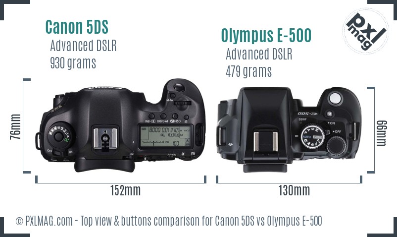 Canon 5DS vs Olympus E-500 top view buttons comparison