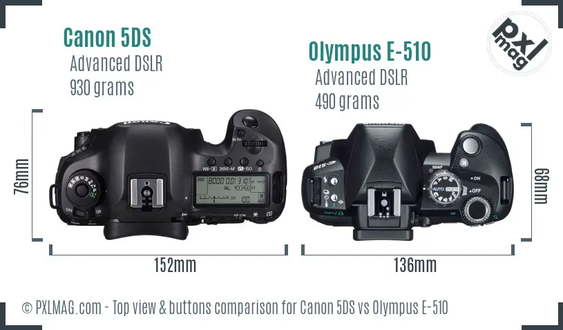 Canon 5DS vs Olympus E-510 top view buttons comparison