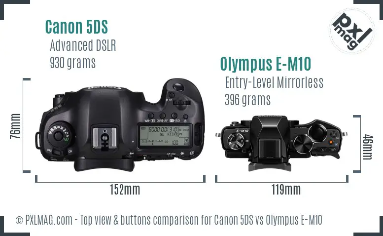 Canon 5DS vs Olympus E-M10 top view buttons comparison