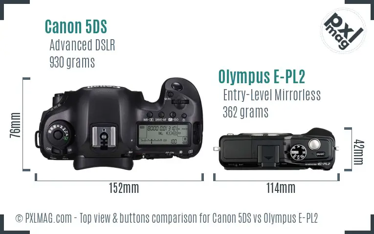 Canon 5DS vs Olympus E-PL2 top view buttons comparison