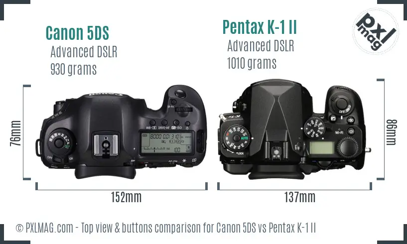 Canon 5DS vs Pentax K-1 II top view buttons comparison