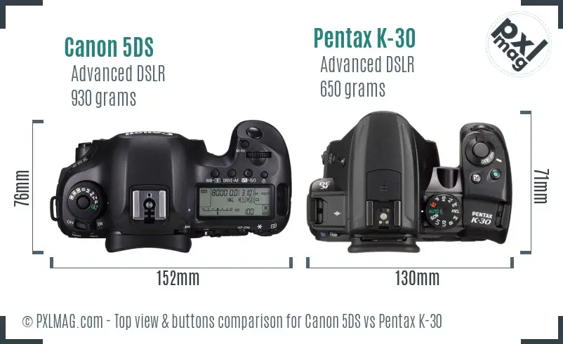 Canon 5DS vs Pentax K-30 top view buttons comparison