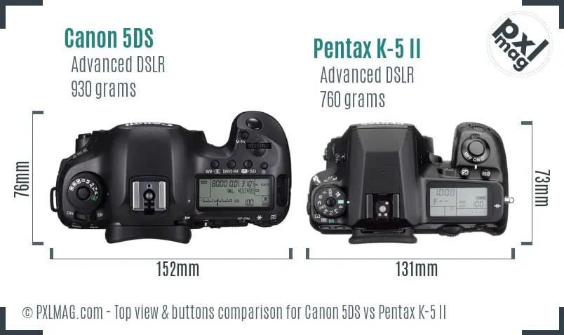 Canon 5DS vs Pentax K-5 II top view buttons comparison