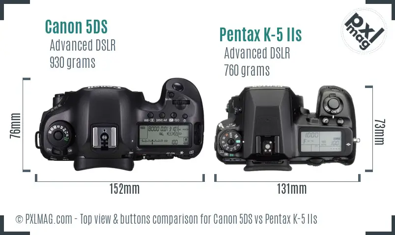 Canon 5DS vs Pentax K-5 IIs top view buttons comparison