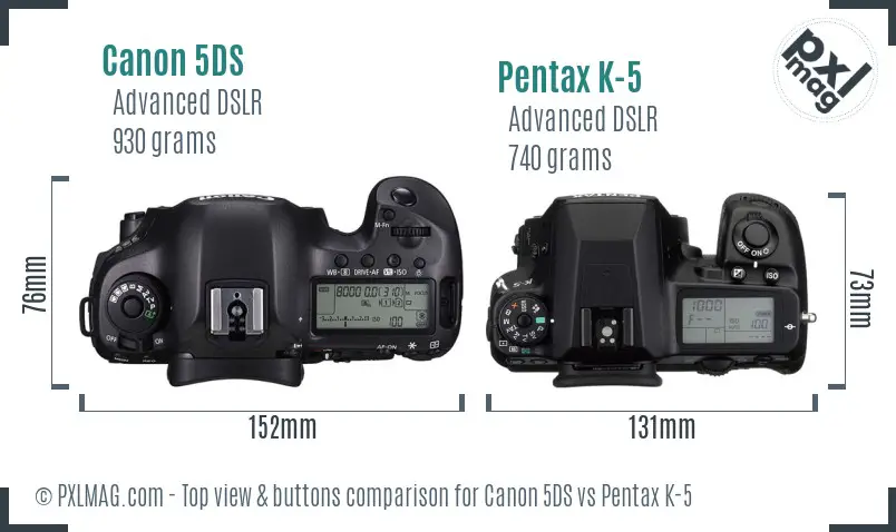 Canon 5DS vs Pentax K-5 top view buttons comparison