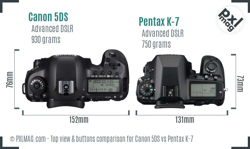 Canon 5DS vs Pentax K-7 top view buttons comparison