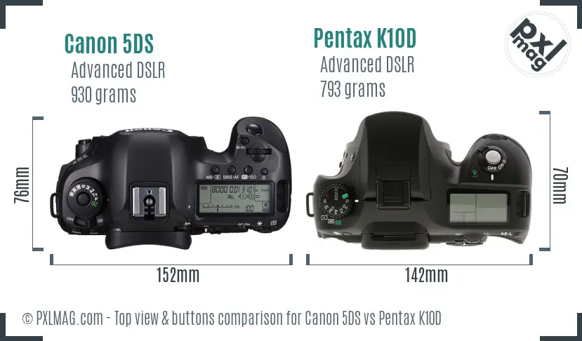Canon 5DS vs Pentax K10D top view buttons comparison