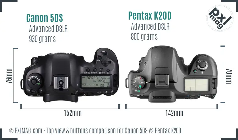 Canon 5DS vs Pentax K20D top view buttons comparison