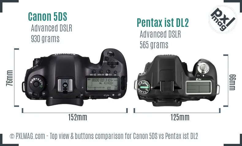 Canon 5DS vs Pentax ist DL2 top view buttons comparison Canon 5DS vs Pentax ist DL2 top view buttons comparison