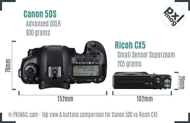 Canon 5DS vs Ricoh CX5 top view buttons comparison