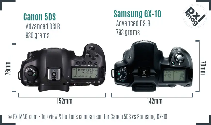 Canon 5DS vs Samsung GX-10 top view buttons comparison