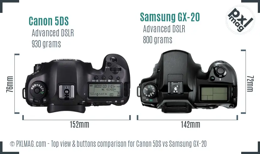 Canon 5DS vs Samsung GX-20 top view buttons comparison