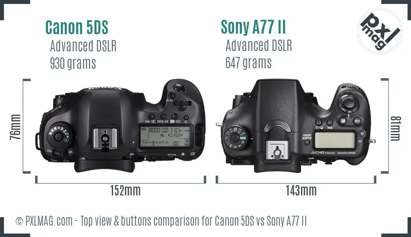 Canon 5DS vs Sony A77 II top view buttons comparison