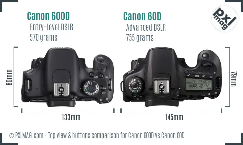 Canon 600D vs Canon 60D top view buttons comparison