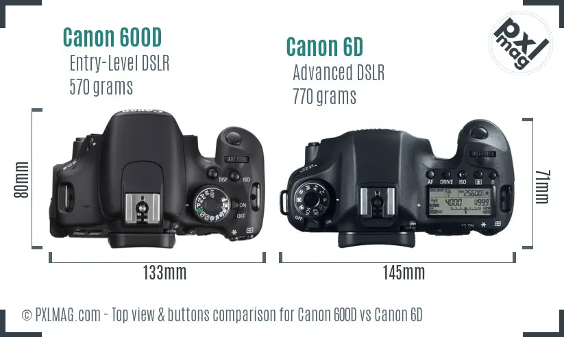 Canon 600D vs Canon 6D top view buttons comparison