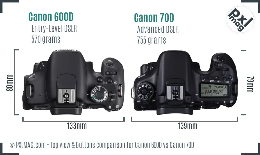 Canon 600D vs Canon 70D top view buttons comparison