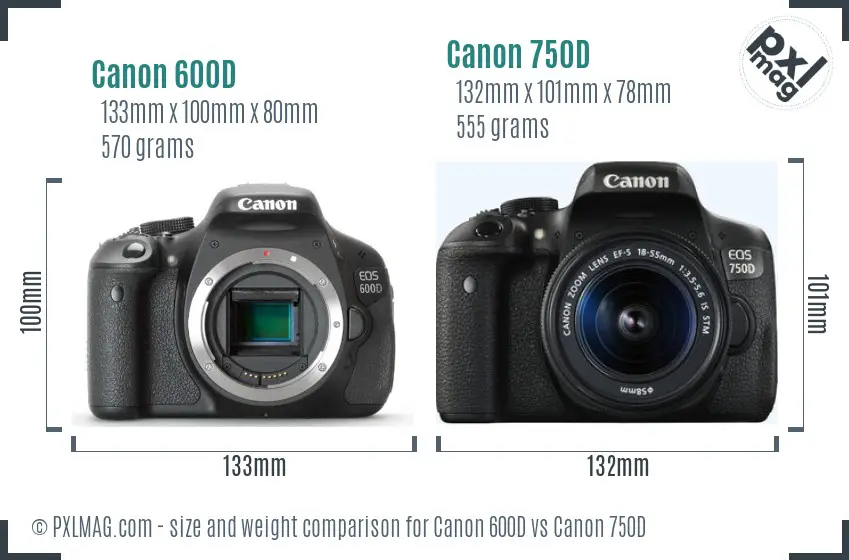Canon 600D vs Canon 750D size comparison