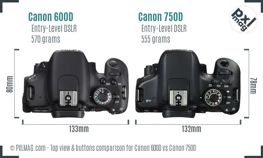 Canon 600D vs Canon 750D top view buttons comparison