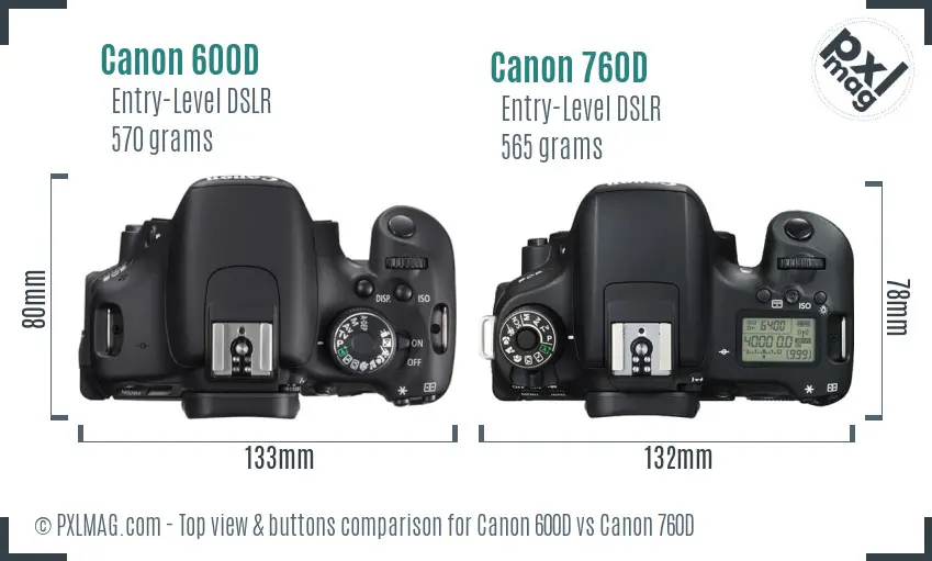 Canon 600D vs Canon 760D top view buttons comparison