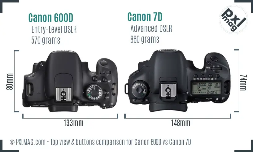 Canon 600D vs Canon 7D top view buttons comparison